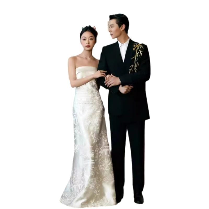 Aslinhanfu Tube top, high-end, white floor-length Cheongsam