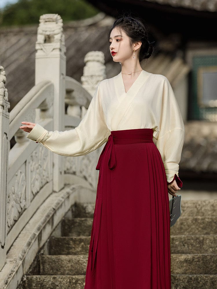 Aslinhanfu New Chinese style ( 新中式 ), beige and green long Hanfu Mamianqun