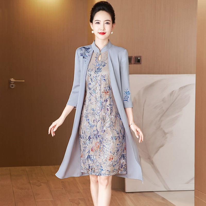Aslinhanfu Faux two-piece Cheongsam, grey midi Cheongsam