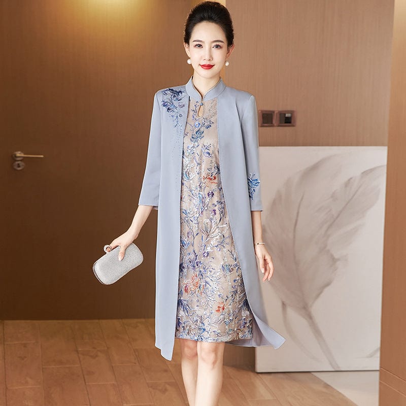 Aslinhanfu Faux two-piece Cheongsam, grey midi Cheongsam