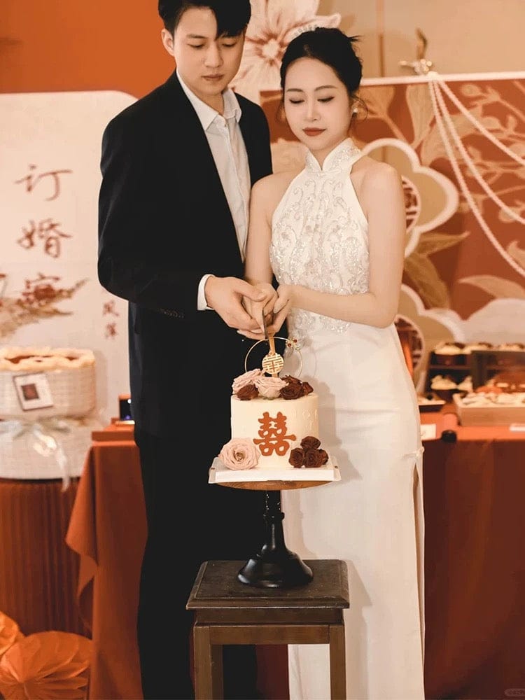 Aslinhanfu New Chinese style (新中式), floral embroidery, long red Cheongsam