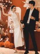 Aslinhanfu New Chinese style (新中式), floral embroidery, long red Cheongsam
