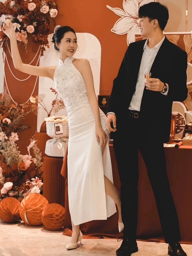 Aslinhanfu New Chinese style (新中式), floral embroidery, long red Cheongsam