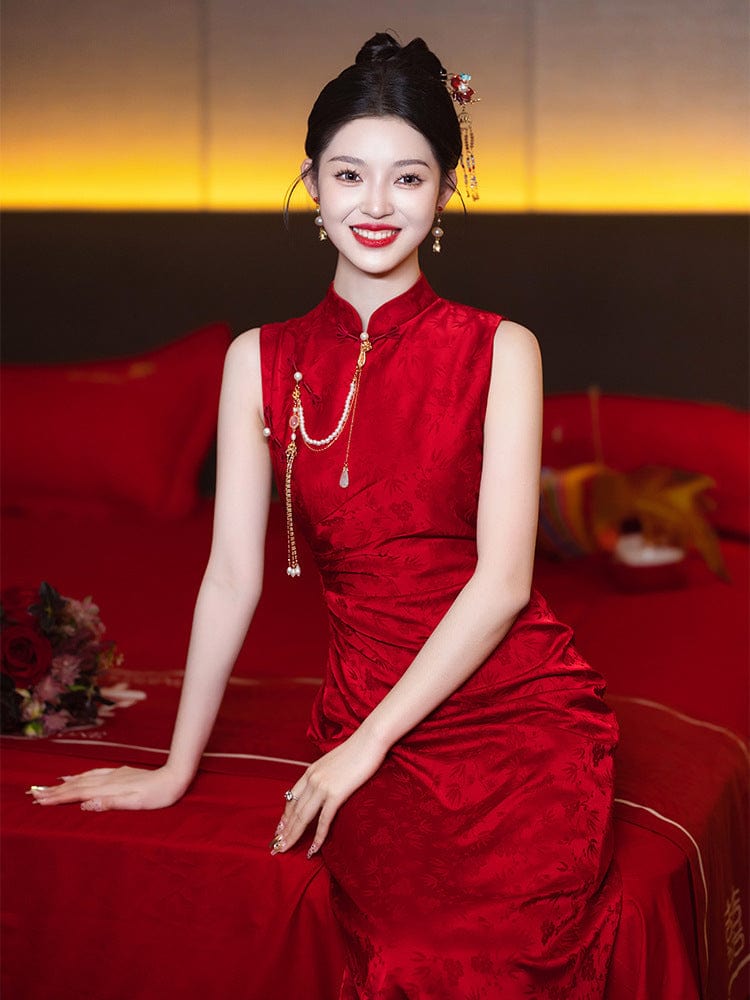 New Chinese style (新中式), jacquard red midi Cheongsam