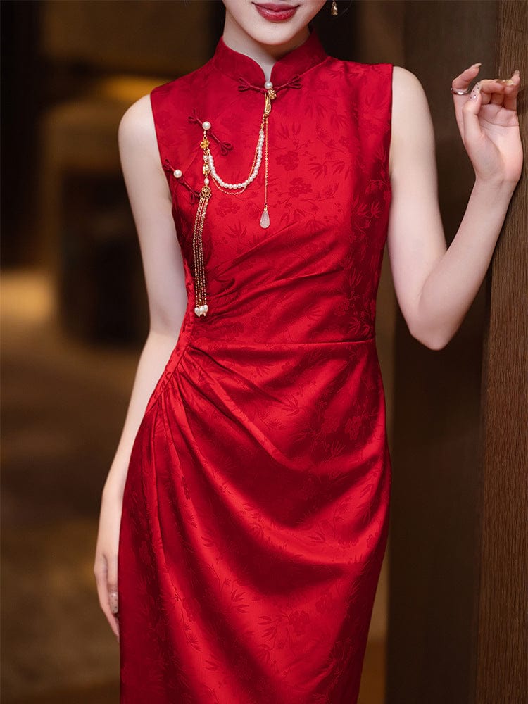 New Chinese style (新中式), jacquard red midi Cheongsam