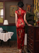 Natural silk, Floral pattern, High-end, Red Qipao