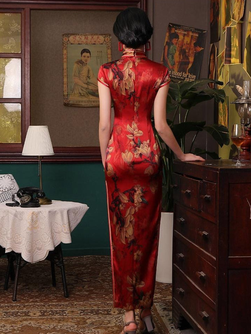 Natural silk, Floral pattern, High-end, Red Qipao