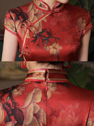 Natural silk, Floral pattern, High-end, Red Qipao