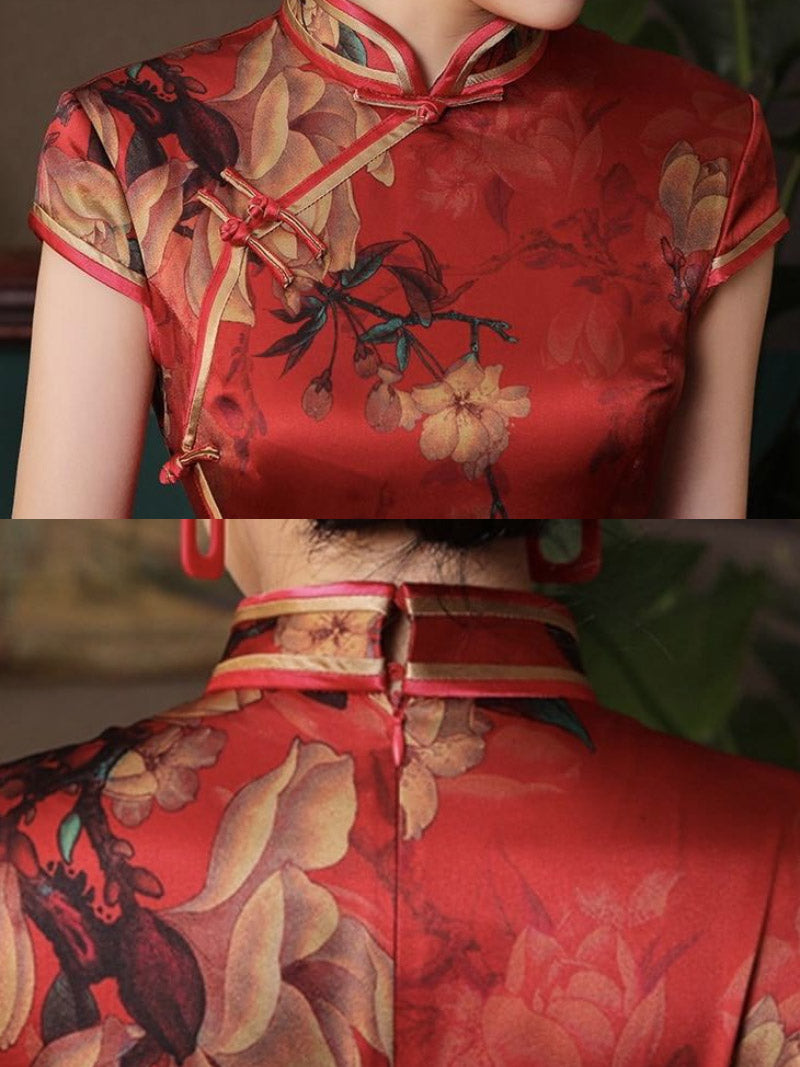 Natural silk, Floral pattern, High-end, Red Qipao