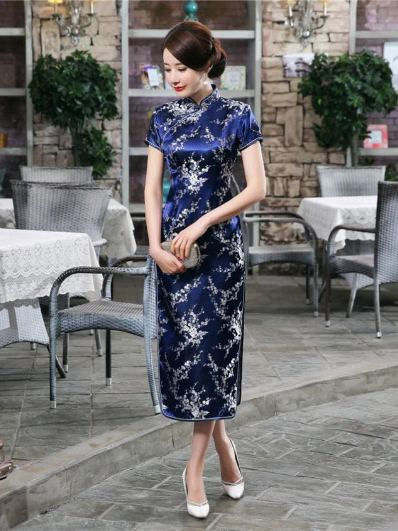 Plus size Qipao collection, plum blossom, brocade fabric long Qipao