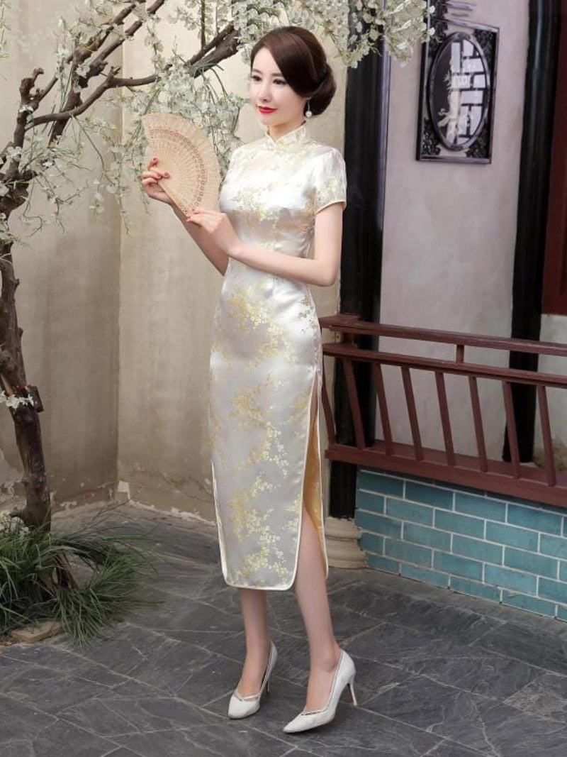 Plus size Qipao collection, plum blossom, brocade fabric long Qipao