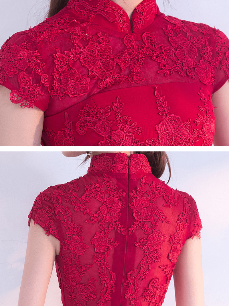 Floral Embroidery Mermaid Wedding Qipao | Red & Wine Red Cheongsam Dress