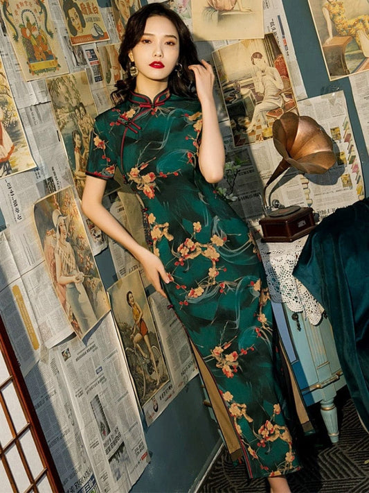Aslinhanfu qipao GR Floral pattern, Cambiered Guangdong gauze material, long Qipao