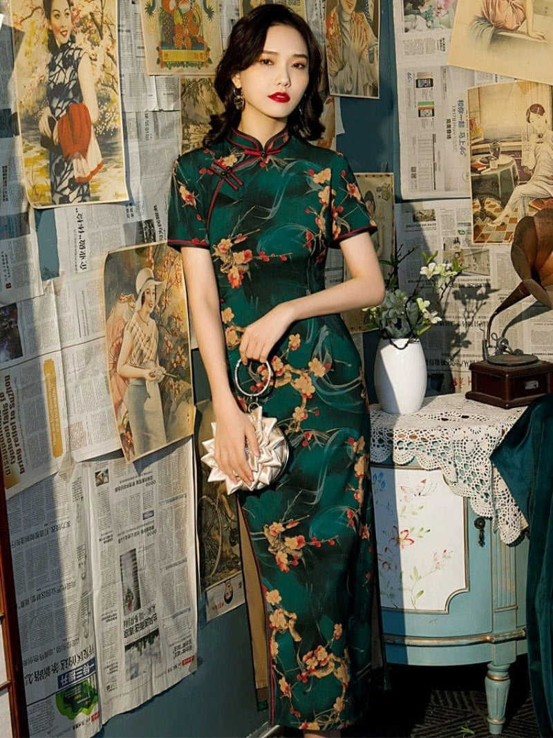 Aslinhanfu qipao GR Floral pattern, Cambiered Guangdong gauze material, long Qipao