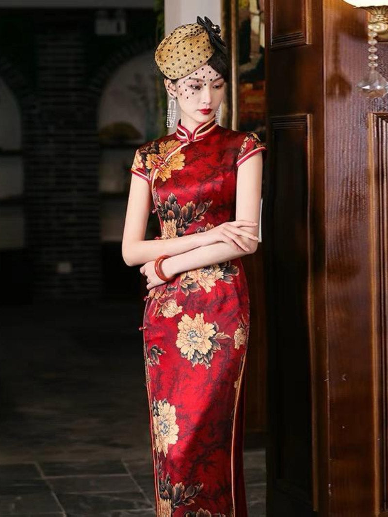 Mulberry silk, Floral pattern, High-end long Qipao