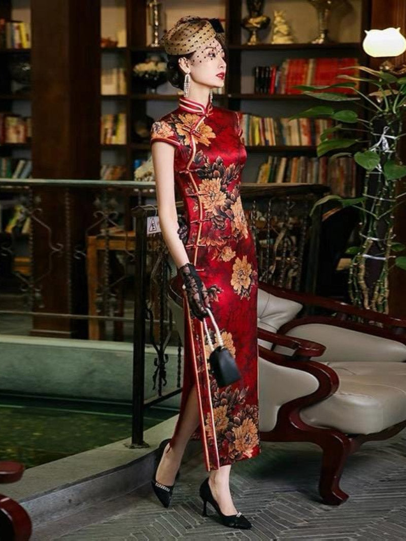 Mulberry silk, Floral pattern, High-end long Qipao