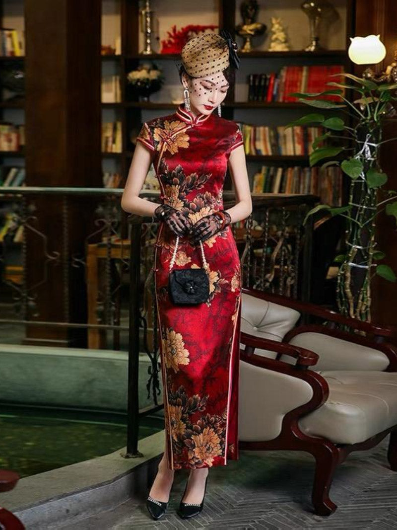 Mulberry silk, Floral pattern, High-end long Qipao