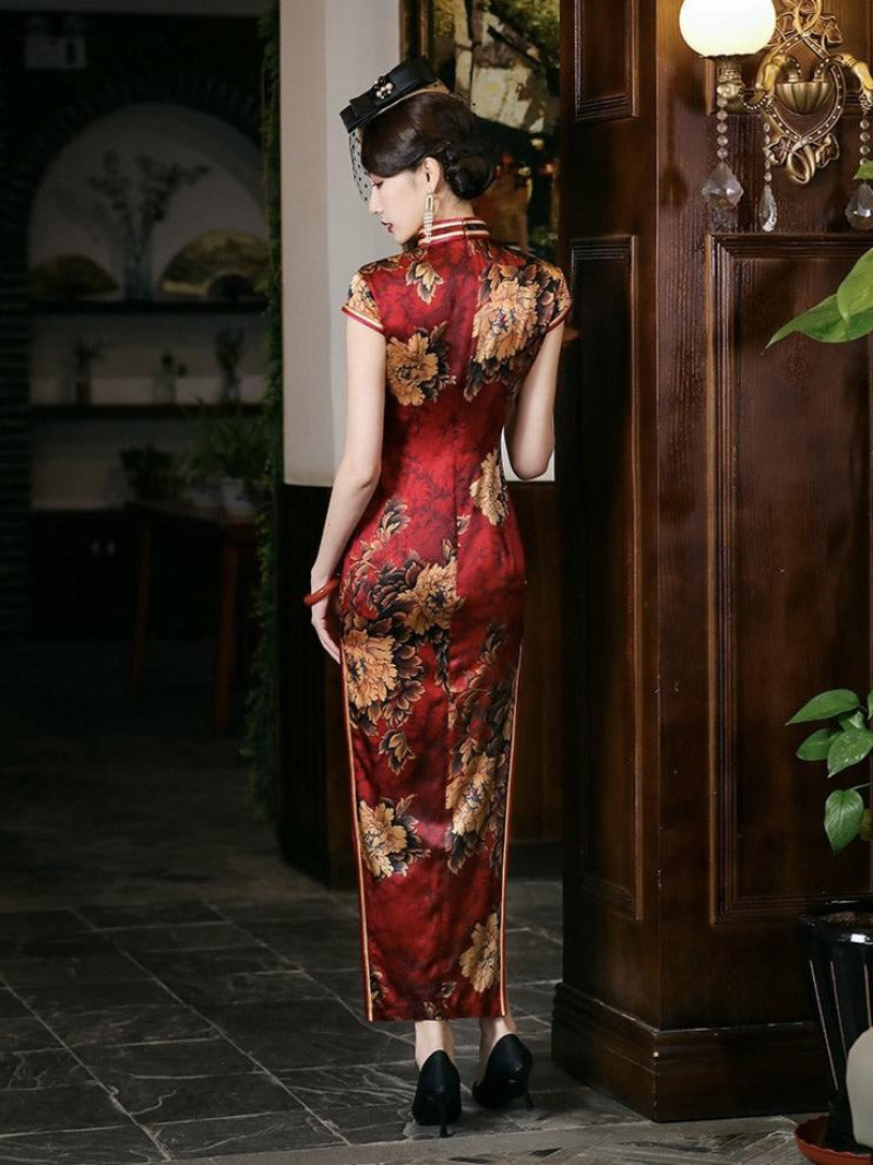 Mulberry silk, Floral pattern, High-end long Qipao