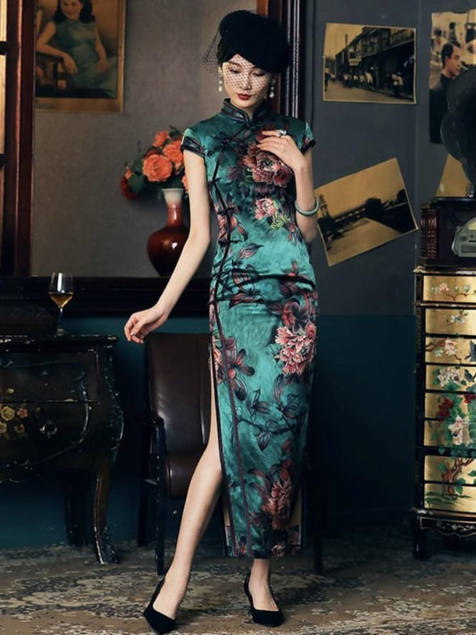 Mulberry silk, floral pattern, High-end, Green Qipao dress