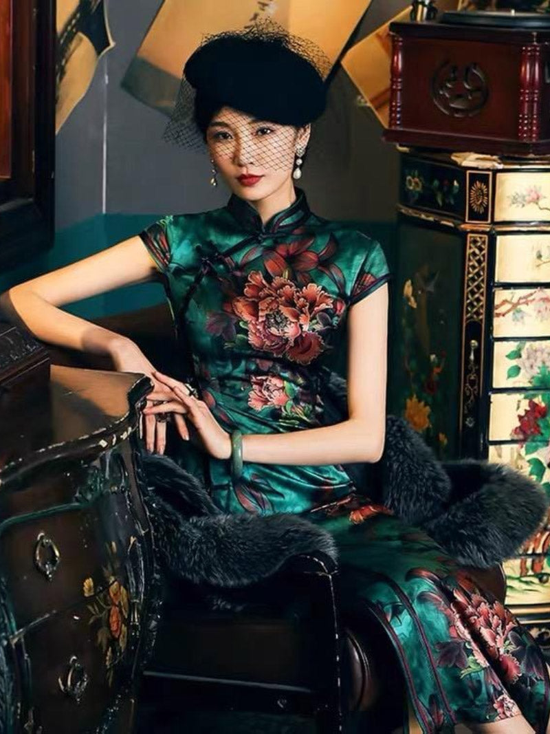 Mulberry silk, floral pattern, High-end, Green Qipao dress