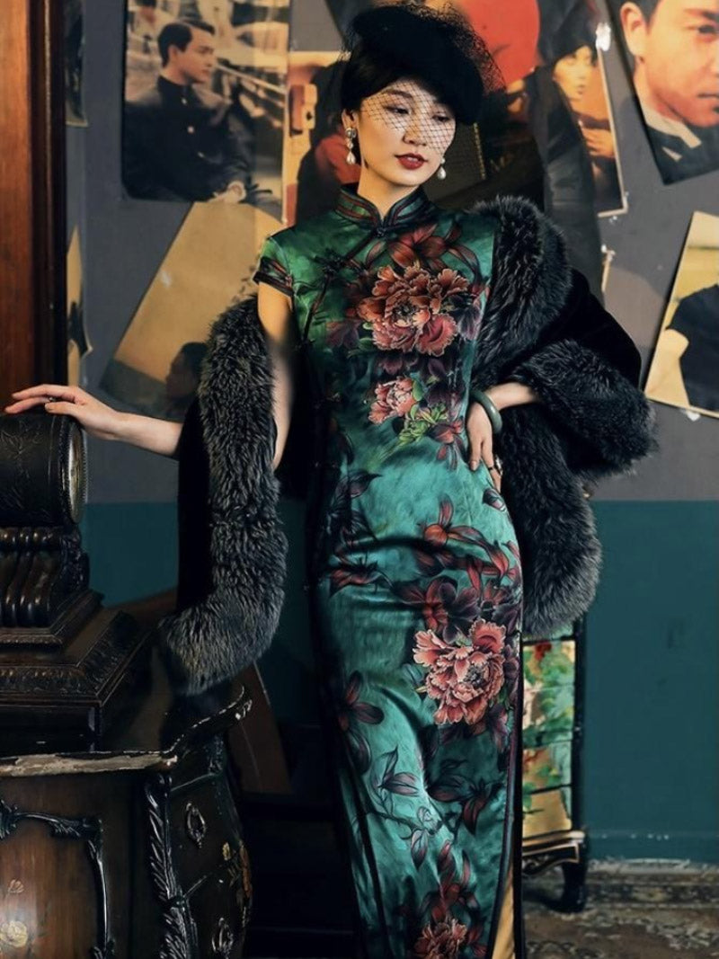 Mulberry silk, floral pattern, High-end, Green Qipao dress