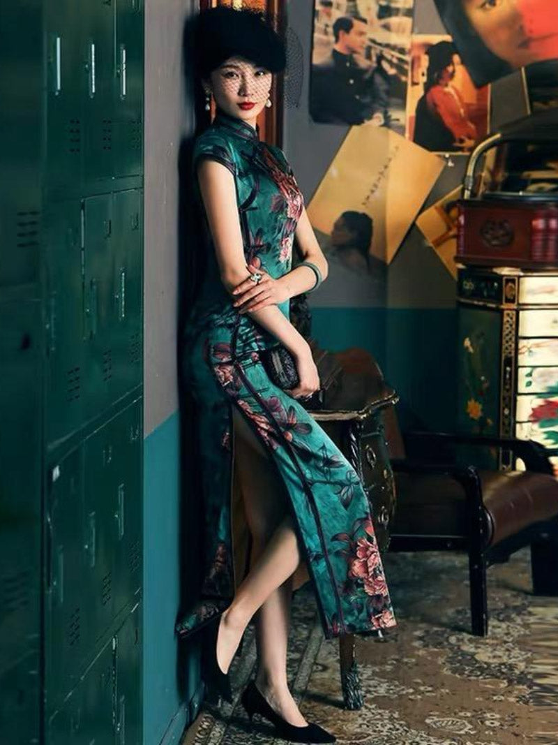 Mulberry silk, floral pattern, High-end, Green Qipao dress