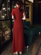 Floral embroidery, butterfly mesh fabric, red long Qipao