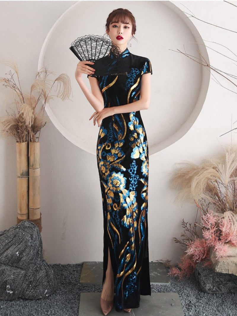 Aslin hanfu Qipao - QL Peacock tail embroidery, black long Qipao