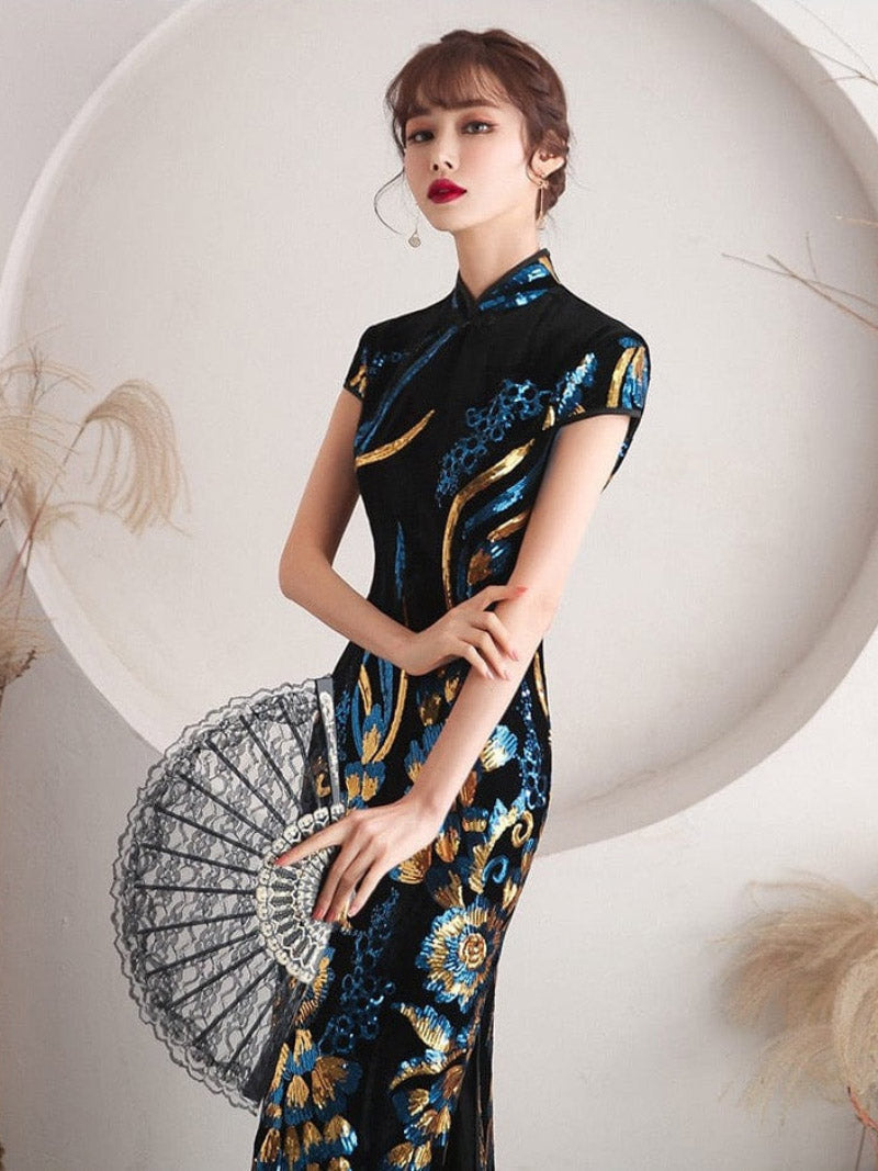 Aslin hanfu Qipao - QL Peacock tail embroidery, black long Qipao