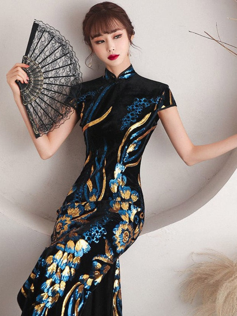 Aslin hanfu Qipao - QL Peacock tail embroidery, black long Qipao