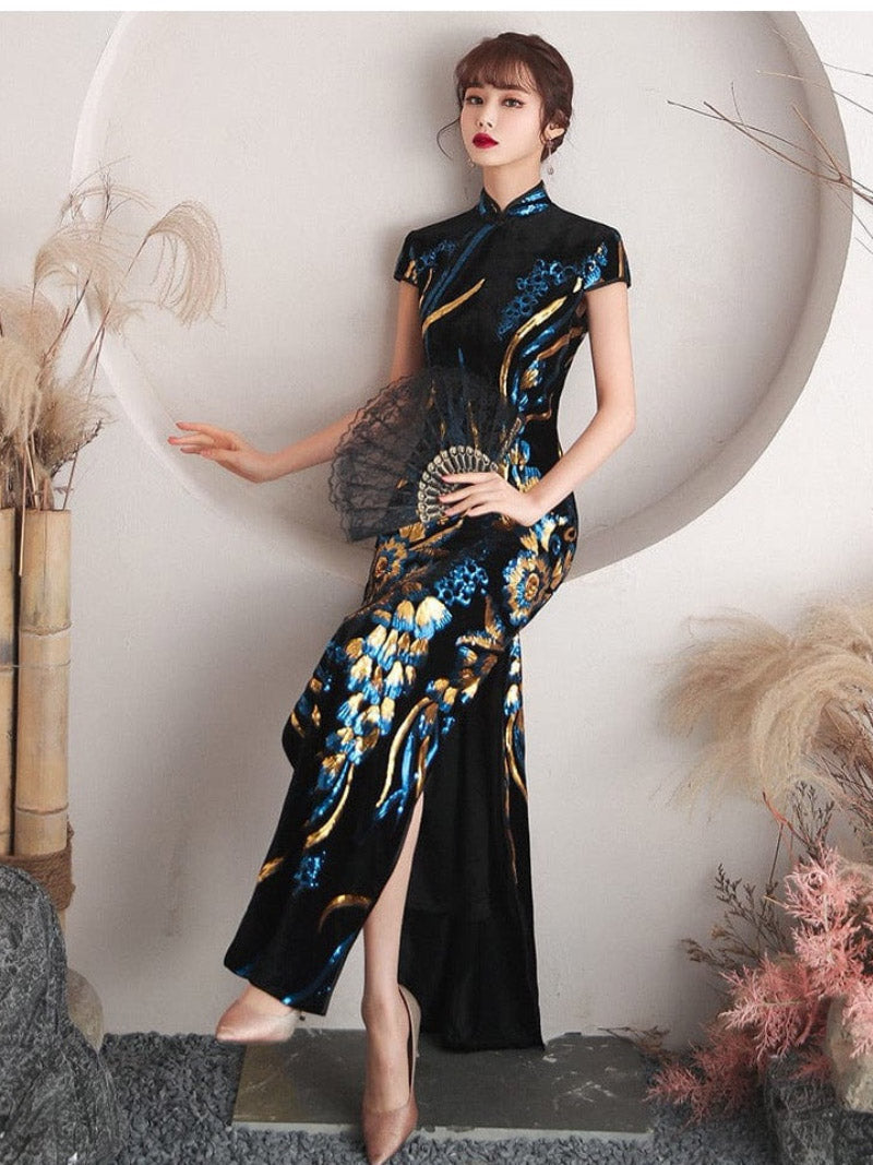 Aslin hanfu Qipao - QL Peacock tail embroidery, black long Qipao