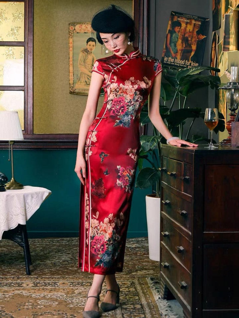 Aslin hanfu Qipao-WXG 19 mome mulberry silk, floral pattern, High-end long Qipao