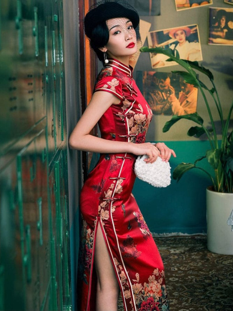Aslin hanfu Qipao-WXG 19 mome mulberry silk, floral pattern, High-end long Qipao