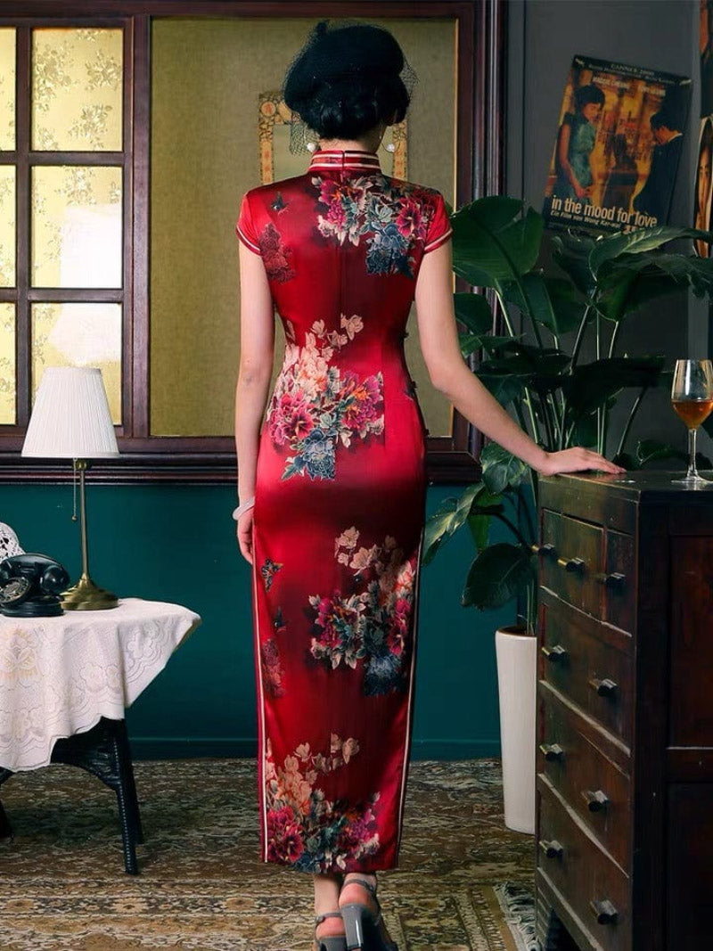 Aslin hanfu Qipao-WXG 19 mome mulberry silk, floral pattern, High-end long Qipao