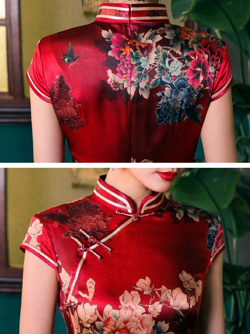 Aslin hanfu Qipao-WXG 19 mome mulberry silk, floral pattern, High-end long Qipao