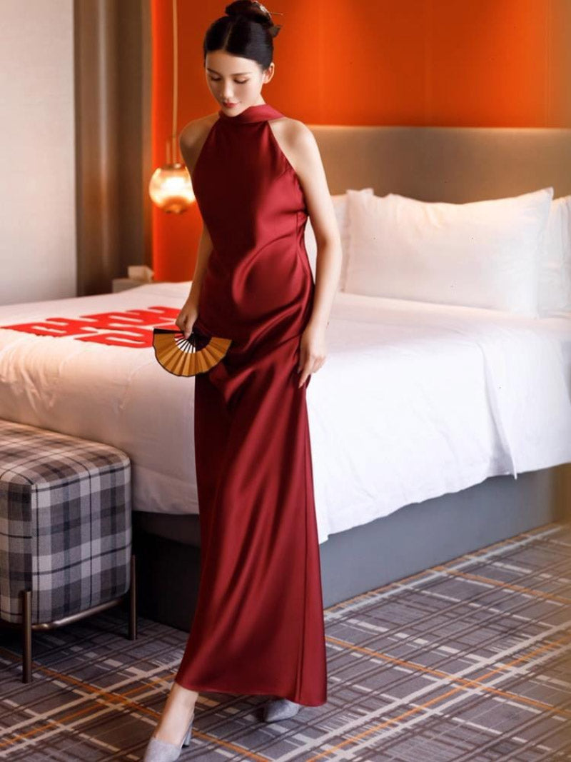 Aslinhanfu Qipao-MY New Chinese style (新中式), wedding wine red long Qipao