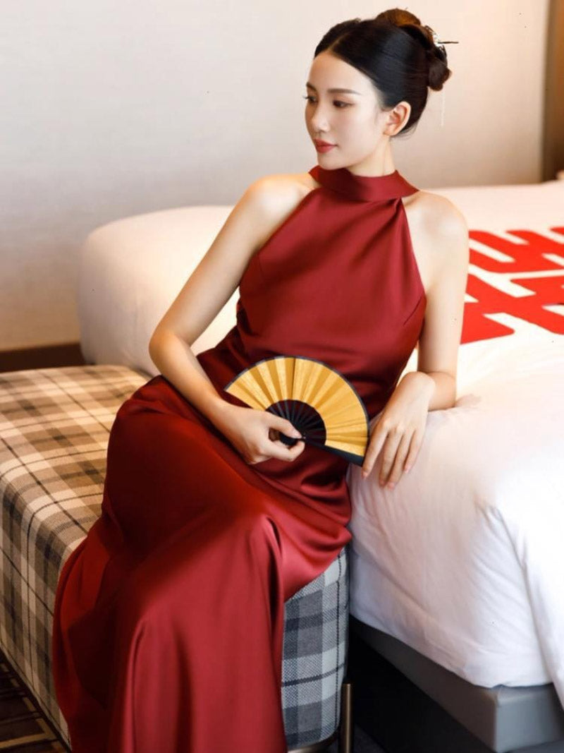 Aslinhanfu Qipao-MY New Chinese style (新中式), wedding wine red long Qipao