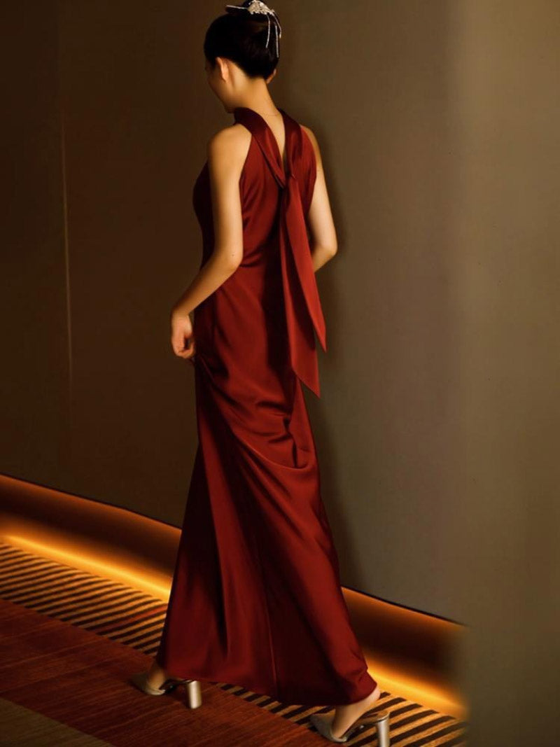 Aslinhanfu Qipao-MY New Chinese style (新中式), wedding wine red long Qipao