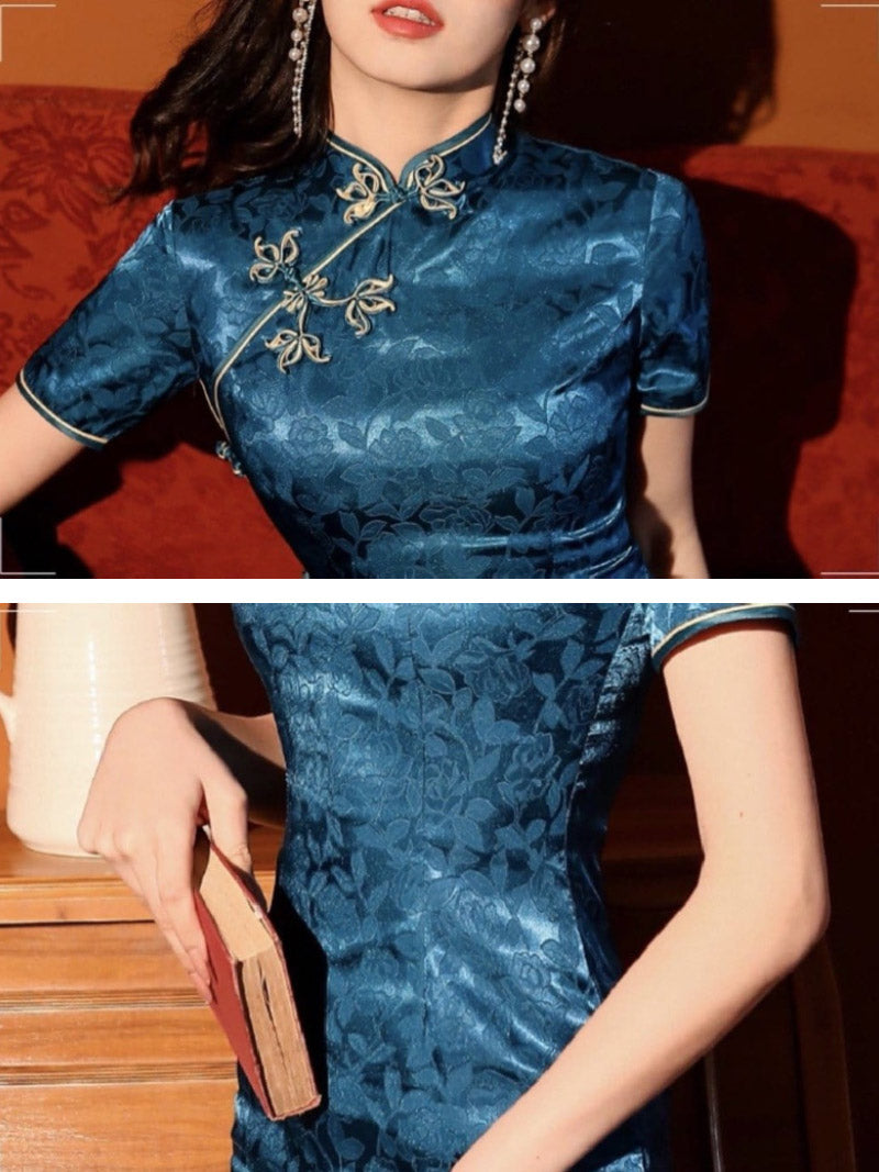 Floral pattern, jacquard silk satin long Qipao
