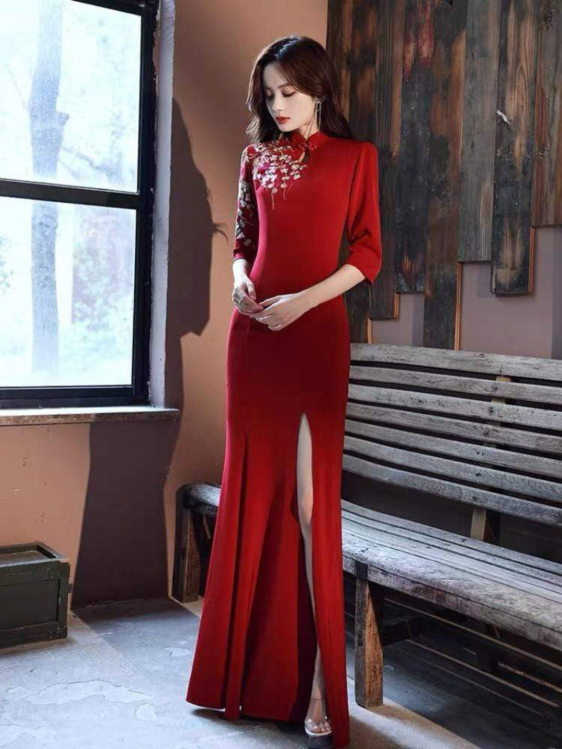 Floral embroidery, butterfly mesh fabric, full length red Qipao