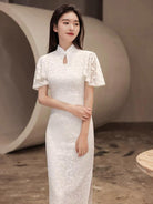 Butterfly pattern, lace long Qipao with lotus leaf sleeves