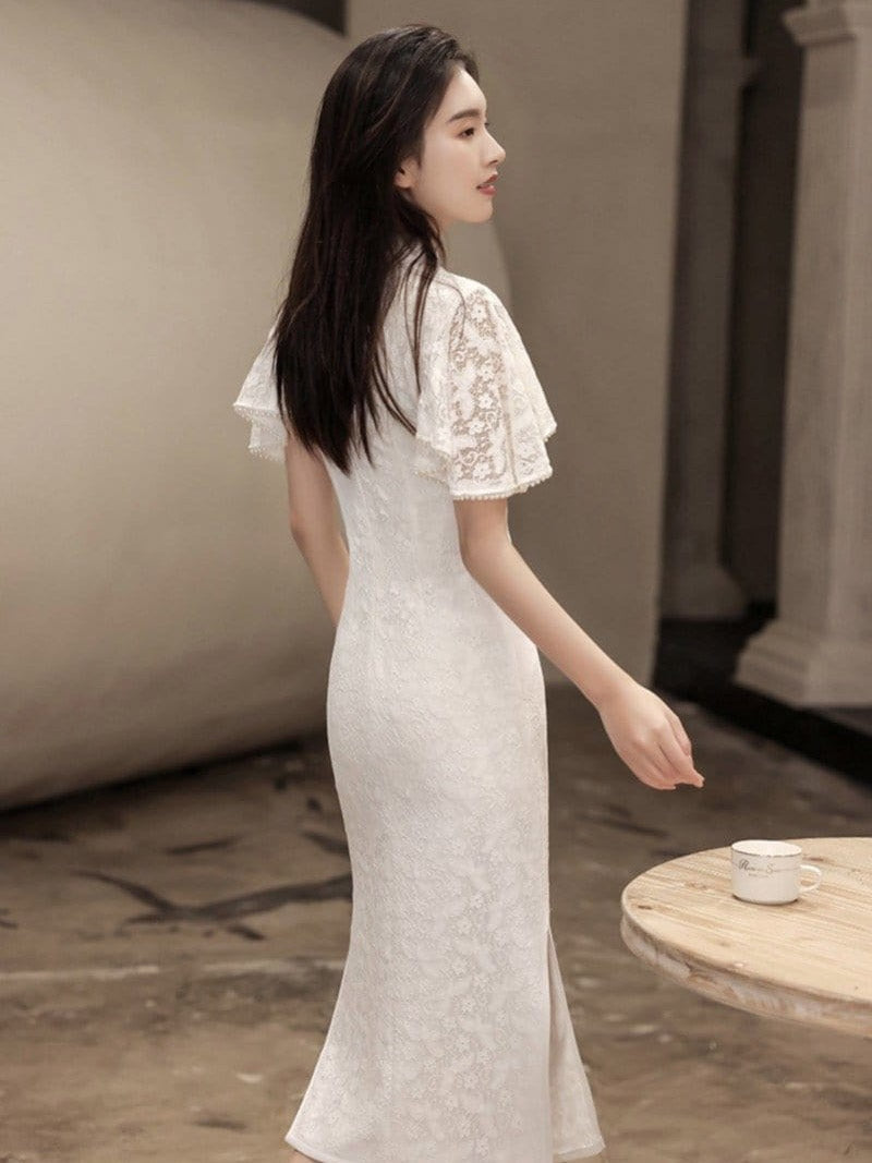 Butterfly pattern, lace long Qipao with lotus leaf sleeves