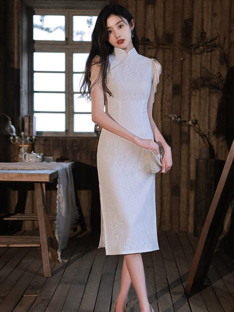 Aslinhanfu Qipao - YR Modern style, sleeveless wedding midi Qipao