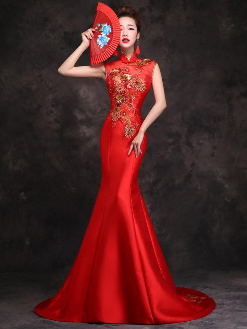 Floral Sequined, twill satin fabric, red fishtail Qipao