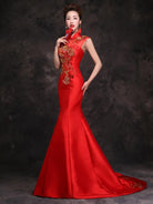 Floral Sequined, twill satin fabric, red fishtail Qipao