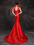 Floral Sequined, twill satin fabric, red fishtail Qipao