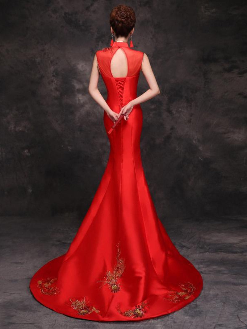Floral Sequined, twill satin fabric, red fishtail Qipao