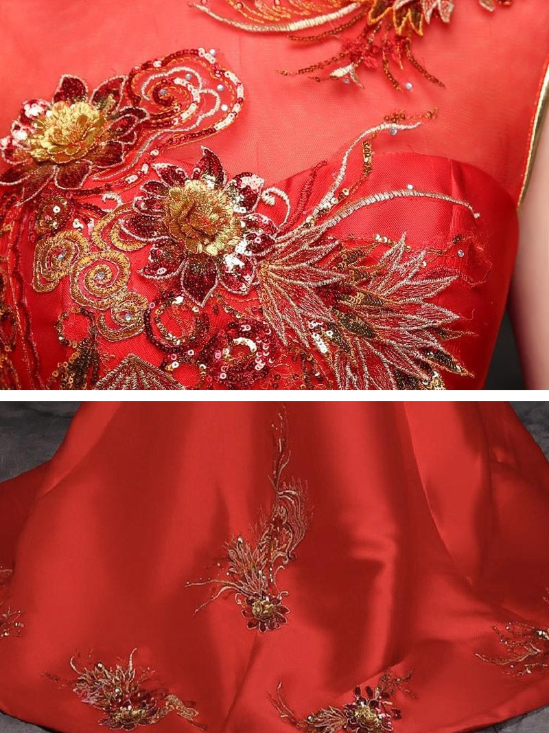 Floral Sequined, twill satin fabric, red fishtail Qipao