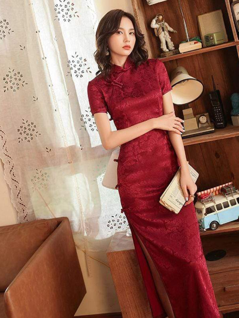 Aslinhanfu qipao - GR Rose pattern, Jacquard satin long Qipao/Cheongsam dress, retro dress