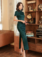 Aslinhanfu qipao - GR Rose pattern, Jacquard satin long Qipao/Cheongsam dress, retro dress
